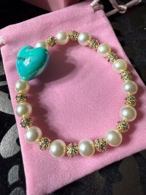 Pearl and Gold Bead Bracelet with Turquoise Heart Charm